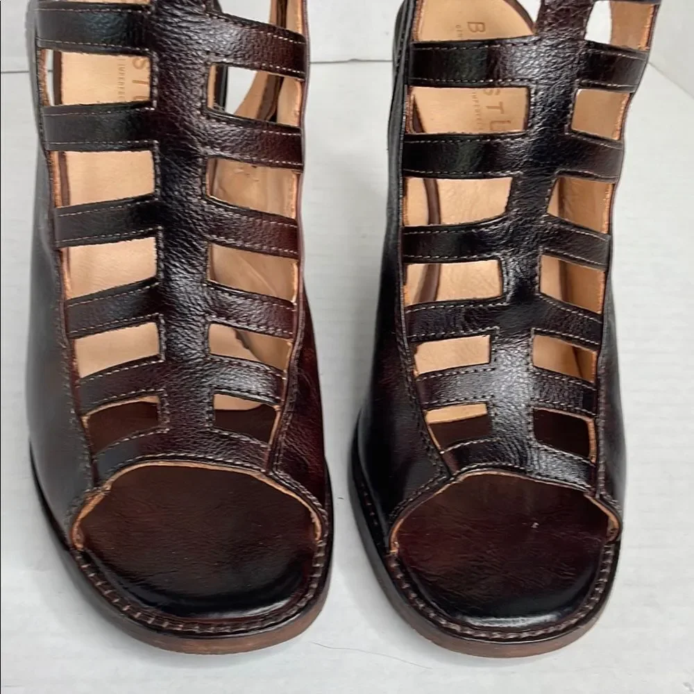 Bed Stu Occam dark brown rustic leather peep toe Gladiator Heels